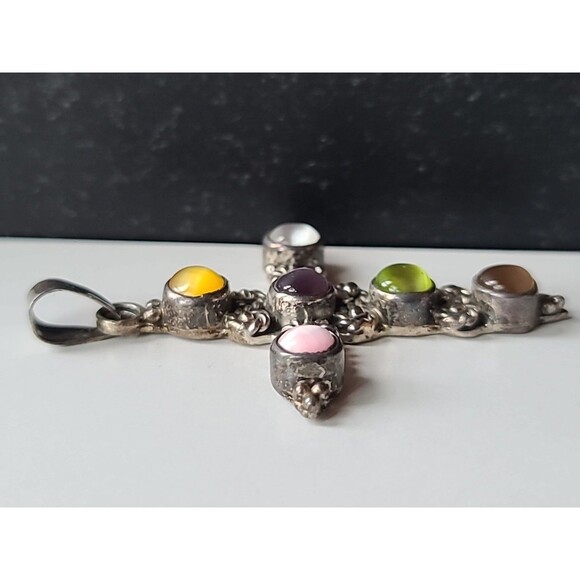 925 Sterling Silver Cat's Eye Cross Pendant Vintage Mexico - Picture 3 of 10
